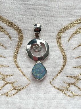 Sterling Silver Swirl Pendant with Blue Opal Accent